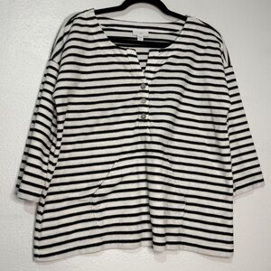 J. Jill Black and White Striped Button Down Terrycloth Shirt. Sz M Petite.